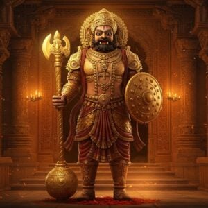 A majestic Dvarapala, a traditional Indian temple guardian, standing imposingly at the entrance of a grand temple. The Dvarapala is depicted with a strong, muscular build, adorned in intricate golden armor and traditional jewelry. He holds a large mace in one hand and a shield in the other, showcasing his role as a protector. The guardian has a fierce yet calm expression, symbolizing both strength and serenity. The backdrop features ornate temple carvings with motifs of lotus flowers and mandalas, infused with warm saffron and maroon hues. The lighting is ethereal, with soft glowing lights highlighting the guardian's features, creating a serene and spiritual atmosphere. The art style merges traditional Indian aesthetics with modern digital enhancements, capturing the essence of heritage while appealing to contemporary sensibilities.