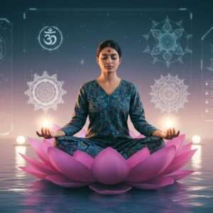 A serene Indian woman meditating in a tranquil setting, seated on a large lotus flower that floats gently on a calm water surface. She wears a modern fusion attire blending traditional Indian patterns with contemporary design, in colors of peacock blue and warm gold. Her hands rest on her knees, palms open, with subtle glowing mandalas hovering above each palm. The background features a digital interface displaying ancient spiritual symbols in a translucent, holographic style. Soft pastel lights illuminate the scene, creating an ethereal and calming ambiance. The overall image is a blend of traditional spirituality and modern digital aesthetics, inviting viewers into a harmonious world where ancient wisdom meets modern access.