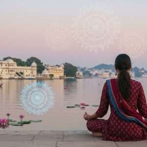In a serene Udaipur setting, a young Indian woman meditates on the banks of Lake Pichola. She wears a modern fusion outfit combining traditional Indian patterns with contemporary design in rich maroon and peacock blue. Around her, glowing mandalas float in the air, casting a soft, ethereal light. Intricate patterns inspired by Madhubani art adorn the scene, with lotus flowers gently floating on the water's surface. In the distance, the city's iconic architecture blends seamlessly into the landscape, exuding an aura of tranquility and spiritual harmony. The scene captures the essence of ancient wisdom meeting modern devotion, with a soft pastel sky highlighting the city's timeless spirituality.