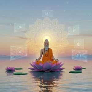 A serene and ethereal scene depicting an Indian sage seated in meditation on a lotus flower floating gently on a calm water surface. The sage is enveloped in a soft golden glow, with intricate mandalas radiating from behind, symbolizing enlightenment. Surrounding the sage are modern digital elements, like holographic symbols and floating screens displaying ancient texts, seamlessly blending tradition with technology. The background features a tranquil landscape with pastel-colored skies, reflecting the dawn of a new day. The art style combines traditional Indian motifs with a futuristic digital aesthetic, using a palette of soft blues, pale pinks, and warm golds to emphasize tranquility and mindfulness.