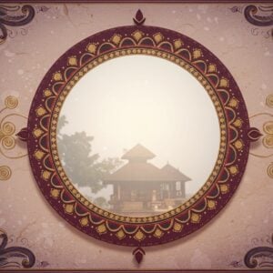 An intricately detailed Aranmula Kannadi mirror, its polished surface reflecting a soft, ethereal glow. The mirror is surrounded by traditional Indian motifs and patterns reminiscent of Pattachitra art, with rich colors like maroon and peacock blue. Delicate lotus flowers and golden spirals frame the mirror, emphasizing its elegance. The background is a blend of modern digital aesthetics with soft, serene pastel shades that highlight the mirror's cultural heritage. Gentle lighting accentuates the mirror's craftsmanship, with subtle reflections of traditional Kerala architecture in the background. The overall scene captures a sense of mystique and allure, inviting the viewer into a world of tradition and artistry.
