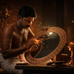 A skilled Indian artisan, deeply focused, crafting an Aranmula Kannadi mirror in a traditional Kerala workshop. The artisan, wearing a traditional dhoti and simple jewelry, is surrounded by tools and glowing copper metal pieces. The background is a rich tapestry of intricate patterns inspired by Kerala architecture, with deep maroon and gold hues. Soft, ambient lighting creates a warm glow, highlighting the mirror's polished surface reflecting light in a serene, ethereal manner. The scene balances heritage with a modern digital aesthetic, incorporating elements like stylized lotus patterns and subtle mandala designs, giving a sense of timeless beauty and cultural richness.