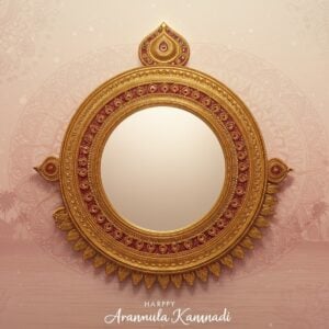 A beautifully detailed Aranmula Kannadi, an exquisite handcrafted metal mirror, reflecting a soft, ethereal glow. The mirror is surrounded by intricate patterns inspired by traditional Indian art forms like Madhubani and Pattachitra, featuring motifs of lotus flowers and delicate mandalas. The background has a serene, pastel-hued ambiance with subtle elements of Kerala's lush landscapes, such as coconut palms and serene backwaters. The composition harmoniously blends heritage with modern digital aesthetics, using rich colors like gold, maroon, and peacock blue to highlight the mirror's craftsmanship and historical significance. The overall tone is one of tranquility and cultural richness, designed to draw the viewer into the mystical allure of the Aranmula Kannadi.