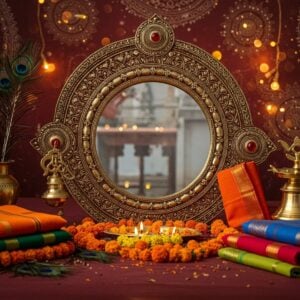 A beautifully intricate Aranmula Kannadi mirror, with its distinctive metal-alloy frame, reflecting a serene Indian landscape. The mirror is surrounded by an array of colorful traditional Indian textiles and artifacts, such as peacock feathers and temple bells, all set against a background of softly glowing mandalas and pastel-colored lights. The scene is imbued with a sense of history and cultural richness, featuring deep maroon and gold hues with subtle, intricate patterns reminiscent of Pattachitra art. The lighting is warm and inviting, creating an ethereal, spiritual ambiance that emphasizes the cultural legacy and significance of the Aranmula Kannadi.