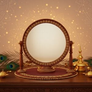 A beautifully detailed Aranmula Kannadi, the traditional hand-crafted metal mirror from Kerala, is placed on an ornate wooden table. The mirror reflects a serene, soft pastel-colored background with glowing mandalas and lotus motifs, symbolizing Indian cultural heritage. Surrounding the mirror are delicate, ethereal peacock feathers and golden ornaments, adding a touch of luxury and elegance. The ambient lighting creates a warm, inviting glow, emphasizing the rich, deep colors like maroon and saffron. The setting is a harmonious blend of tradition and modern digital aesthetics, inviting viewers to explore the unique craftsmanship and purchase options online.