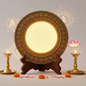 An intricately designed Aranmula Kannadi, the traditional hand-crafted metal-alloy mirror of Kerala, is elegantly placed on an ornate wooden stand. The mirror reflects a soft, warm glow, highlighting its unique metallic sheen. Surrounding the mirror are subtle Vastu symbols and motifs like lotus flowers and mandalas, gently glowing in soft gold and saffron hues. The background features a serene, ethereal setting with pastel tones of pale pink and peacock blue. The scene is infused with a sense of tranquility and spirituality, balancing the traditional artistry of the Aranmula Kannadi with modern digital aesthetics. The lighting is soft and ambient, emphasizing the mirror's cultural significance and inviting the viewer into a space of harmony and mindfulness.