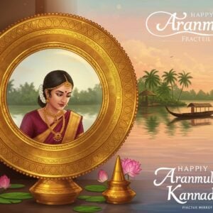 An intricately designed Aranmula Kannadi, the traditional metal mirror of Kerala, gleaming with a soft golden glow. The mirror is surrounded by delicate Pattachitra-style patterns and vibrant lotus flowers, symbolizing purity and spirituality. The background features a serene Kerala landscape with lush green palm trees and tranquil backwaters under a pastel-colored sky. A subtle reflection in the mirror showcases an Indian woman in a traditional maroon saree, adorned with gold jewelry, admiring the mirror with reverence. The overall art style is a blend of traditional and modern digital aesthetics, capturing the cultural richness and allure of this cherished artifact.