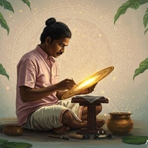 In a serene, ethereal setting, a skilled Indian artisan meticulously crafts an Aranmula Kannadi, the unique metal mirror from Kerala. The artisan, dressed in traditional Kerala attire with a mundu and a simple cotton shirt, sits cross-legged amidst a backdrop of lush, green Kerala foliage. The scene captures the glow of warm golden light reflecting off the polished surface of the metal mirror. Intricate patterns of lotus flowers and spiritual motifs are subtly embedded into the background, blending traditional aesthetics with a modern digital touch. The overall tone is tranquil and harmonious, with soft pastel hues creating a dreamy ambiance. The artisan's focused expression conveys dedication to this ancient craft, inviting viewers to explore the rich history and craftsmanship behind this cultural gem.