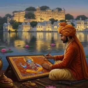 A serene scene of Udaipur's majestic City Palace, surrounded by a tranquil lake reflecting its grandeur. In the foreground, an artisan skillfully crafting a traditional Pichwai painting, capturing the essence of Krishna in vibrant hues of gold, saffron, and peacock blue. The artisan is adorned in a traditional Rajasthani turban and attire, surrounded by intricate tools and patterns. The background features the soft glow of evening lights illuminating the palace, with floating lotus flowers on the lake. The atmosphere is ethereal and spiritual, with subtle glimmers of light reflecting off the water, creating a harmonious blend of tradition and modern digital aesthetics. The art style is detailed and rich, merging traditional Indian art forms with a contemporary digital touch.