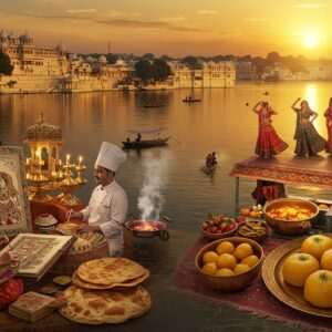 A mesmerizing scene depicting the vibrant cityscape of Udaipur in 2025, with the iconic Lake Pichola shimmering under a golden sunset. The foreground features a skilled Rajasthani artist painting a traditional Pattachitra art piece, surrounded by intricate patterns and motifs. Nearby, a chef in a modern, open-air kitchen prepares exquisite Rajasthani delicacies, like dal baati churma and ghewar, with steam rising and spices in the air. The background showcases the majestic City Palace, glowing with lights, and lively cultural festivities, including dancers in colorful lehengas. The art style is a harmonious blend of traditional Indian elements and contemporary digital aesthetics, with rich colors like maroon, saffron, and peacock blue, creating an inviting and culturally immersive atmosphere.