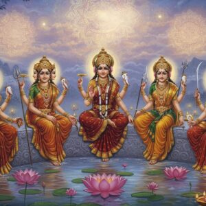 An ethereal depiction of the Ashta Matrikas, the Eight Mother Goddesses, each seated in a semi-circle amidst a serene, celestial landscape. The goddesses are adorned in traditional attire with rich colors of gold, maroon, saffron, and peacock blue, each embodying distinct attributes. Brahmani with four heads and holding a water pot; Vaishnavi with four arms wielding a conch and discus; Maheshwari with three eyes, holding a trident; Indrani with a thunderbolt; Kaumari riding a peacock with a spear; Varahi with a boar's head and a plow; Chamunda with a garland of skulls and a sword; and Narasimhi with a lion's face. Intricate patterns surround them, and glowing mandalas float in the background. The scene is bathed in soft pastel lights, with lotus flowers gently floating on a calm water surface, creating an atmosphere of spiritual power and tranquility.