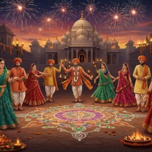 A vibrant and lively scene depicting a traditional Indian festival celebration, showcasing a diverse group of Indian men and women in colorful attire, embodying various regions of India. They are adorned in sarees, lehengas, and kurta-pajamas with intricate patterns, dancing joyfully around a large, intricately designed rangoli made with vibrant colors. In the background, a grand temple with glowing diyas and strings of marigold flowers adds to the festive ambiance. The sky is filled with fireworks, casting a warm glow over the scene. Elements of modernity are reflected in the fusion of traditional and contemporary fashion and accessories. The art style is a fusion of Madhubani and modern digital aesthetics, with rich colors like maroon, peacock blue, and saffron, creating an ethereal and captivating atmosphere that emphasizes unity, inclusivity, and cultural richness.