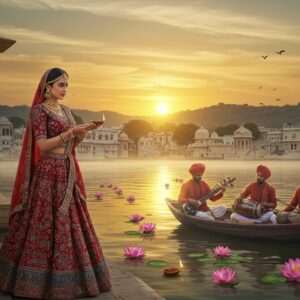 In the heart of Udaipur, a serene scene unfolds as the sun sets behind the Aravalli hills, casting a warm golden glow over a tranquil lake. In the foreground, an Indian woman dressed in an elegant, modern fusion of a traditional lehenga and contemporary attire stands gracefully by the water's edge. Her attire reflects rich hues of maroon and peacock blue with intricate patterns reminiscent of Madhubani art. She holds a delicate diya, its soft light illuminating her serene expression. Behind her, a group of musicians play classical Indian instruments like the sitar and tabla, creating an atmosphere of cultural harmony. Lotus flowers float gently on the water's surface, and a subtle mist rises, adding to the ethereal quality. The backdrop includes glimpses of ancient temples and ghats, integrating Udaipur's spiritual essence into the modern narrative. The art style combines digital realism with traditional motifs, emphasizing a peaceful yet vibrant cultural exploration.