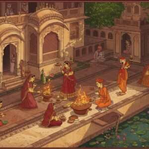 A captivating scene of Udaipur's hidden spiritual essence: an intricately detailed Pattachitra-style painting of a serene temple courtyard nestled among lush greenery and tranquil water features. Indian women in vibrant sarees and men in traditional dhotis are engaged in cultural rituals and art-making, surrounded by intricate patterns of lotus flowers and mandalas. The backdrop features traditional Rajasthani architecture with delicate carvings, while a soft, ethereal glow illuminates the scene. The color palette blends rich maroon, saffron, and peacock blue with soft pastels, capturing a harmonious fusion of tradition and modern digital aesthetics. The composition exudes a sense of peace, spirituality, and cultural richness, inviting viewers to delve deeper into Udaipur's living heritage.