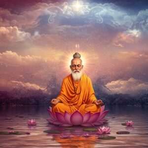 An ethereal landscape illustrating the timelessness of Hindu philosophy: A serene Indian sage with a calm and wise demeanor, meditating on a lotus flower amidst a tranquil body of water. The sage is dressed in traditional saffron robes, adorned with a simple mala. Surrounding him are glowing mandalas and intricate patterns representing ancient wisdom and cultural motifs. The background features a fusion of rich, deep colors like peacock blue and maroon, interwoven with soft pastel hues, creating a modern digital aesthetic. Above, the sky is filled with gentle, swirling clouds, and faint, radiant auras symbolizing enlightenment and spiritual insight. The scene exudes harmony and mindfulness, drawing the viewer into the deeper meanings beyond rituals.