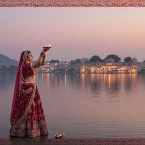 A breathtaking scene of Udaipur's serene Lake Pichola at dawn, with the majestic City Palace illuminated in soft pastel pink and warm gold hues, reflecting gracefully on the tranquil water surface. In the foreground, a beautifully adorned traditional Rajasthani woman in an elegant maroon and peacock blue lehenga is performing a spiritual ritual, her hands raised towards the sky holding a diya (oil lamp). The background features intricately detailed patterns of Madhubani and Phad art forming a border around the scene, with motifs of lotus flowers and mandalas softly glowing. The atmosphere is ethereal and serene, capturing the essence of Udaipur's rich cultural heritage and spiritual tranquility in a modern digital aesthetic.