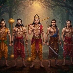 Five Pandavas, each with distinct features, stand together in a mystical forest setting. Yudhishthira, with a calm demeanor, holds a golden scepter. Bhima, the strongest, has a mace resting on his shoulder. Arjuna, the skilled archer, is poised with a bow and arrow. Nakula and Sahadeva, the twins, are depicted with swords, standing in harmony. The background is adorned with surreal elements like glowing mandalas and ethereal light filtering through dense trees. Rich colors like maroon, saffron, and peacock blue dominate the palette, with intricate traditional patterns subtly woven into their attire. The scene exudes an aura of mystery and adventure, inviting viewers to delve deeper into their lesser-known tales.