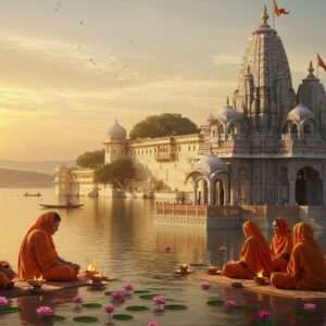 A serene scene depicting the city of Udaipur with its iconic Lake Pichola in the background, featuring a magnificent temple illuminated by the warm glow of a setting sun. The temple is intricately detailed with elements of traditional Indian architecture, adorned with colorful patterns reminiscent of Madhubani and Pattachitra art. In the foreground, a group of Indian devotees in traditional attire are engaged in a peaceful ritual, their expressions serene and reflective. Lotus flowers float gently on the water, and the sky is painted in soft hues of pastel pink and warm gold, casting a tranquil ambiance over the scene. The image captures the essence of Udaipur's spiritual and cultural heritage while incorporating modern digital aesthetics for a captivating visual experience.
