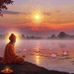 An ethereal scene depicting an Indian sage in traditional attire, seated serenely by a tranquil river, surrounded by glowing lotus flowers and soft, pastel-colored mist. In the background, a large, intricate mandala glows softly in the sky. The sage is immersed in deep meditation, symbolizing devotion and spiritual connection, with an aura of golden light emanating from his form. The setting sun casts warm hues of maroon and saffron across the landscape, enhancing the serene ambiance. The art style merges traditional Indian elements with modern digital aesthetics, capturing the essence of Bhakti poetry's spiritual depth and impact.