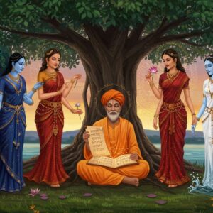 A serene and ethereal scene depicting an ancient Indian scholar, seated under a majestic banyan tree with intricately patterned leaves. The scholar is dressed in traditional saffron robes, holding an ancient scroll with glowing script. Surrounding the scholar are three ethereal figures representing Niti (wisdom), Shringara (love), and Vairagya (renunciation), each adorned in vibrant, flowing attire reflecting their essence—Niti in deep blue with peacock feathers, Shringara in rich red with delicate lotus flowers, and Vairagya in soft white with serene water motifs. The background features a tranquil landscape with a glowing mandala in the sky, casting a warm golden light. The art style is a fusion of traditional Indian art and modern digital aesthetics, with a dreamlike quality that invites contemplation and reflection.