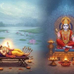A serene and spiritual scene depicting Bhishma Pitamaha lying on a bed of arrows, surrounded by an aura of divine light, symbolizing his penance and wisdom. In the background, an ethereal landscape with a flowing river, lotus flowers, and a glowing mandala in soft pastel hues of blue and gold. The scene transitions to depict a serene Ekadashi observance, with an Indian devotee in traditional attire performing a ritual with folded hands before a beautifully adorned deity idol. The atmosphere is tranquil, with softly glowing lights and a harmonious blend of traditional Indian motifs with a modern digital aesthetic. The artwork features intricate patterns and cultural motifs, merging the ancient with the contemporary, inviting viewers into a world of spiritual significance and mindfulness.