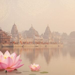 A serene and ethereal depiction of Bhishma Kund, surrounded by tranquil waters reflecting the soft pastel hues of dawn. The scene is embellished with intricate patterns of golden mandalas gently glowing in the early light, symbolizing spiritual awakening. In the foreground, a sacred lotus blooms, its petals a gentle mix of pale pink and warm gold. The background features ancient temple architecture in rich maroon and peacock blue, seamlessly merging traditional design with modern aesthetics. Indian pilgrims in traditional attire engage in rituals, their forms illuminated by a soft, spiritual glow. The atmosphere is peaceful, inviting viewers to embark on a spiritual journey, capturing the timeless significance of this sacred place.