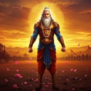 In a vibrant, dynamic scene, depict Bhishma Pitamah standing tall and regal, clad in intricately detailed ancient Indian armor, with his iconic long white beard and hair flowing like a river. His posture is dignified and resolute, embodying strength and wisdom. Surround him with an ethereal glow of golden light, symbolizing his unwavering loyalty and the purity of his vows. In the background, a grand battlefield stretches under a saffron-hued sky, with hints of chariots and warriors in traditional attire. The foreground features delicate lotus petals gently falling, adding a touch of spirituality and tranquility to the scene. The art style combines the rich textures of traditional Indian art with modern digital aesthetics, using deep maroon and peacock blue hues to enhance the grandeur and solemnity of Bhishma's legacy.