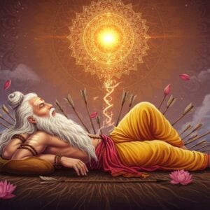 A serene and majestic scene of Bhishma Pitamah, an elderly Indian warrior sage with a wise and calm demeanor, lying on a bed of arrows, surrounded by a tranquil atmosphere. His noble face is illuminated by a soft, ethereal glow, and he is depicted with long, white flowing hair and a dignified beard. Above him, a glowing mandala symbolizing divine wisdom radiates a warm golden light. Intricate patterns reminiscent of traditional Indian art form the background, creating an aura of spirituality and reverence. The color palette features rich saffron, deep maroon, and soft pastel blues, blending heritage with modern digital aesthetics. Lotus flowers gently float around, adding to the serene ambiance. The image embodies the essence of Bhishma's devotion and the profound significance of his stuti (hymn), evoking a sense of peace and mindfulness.