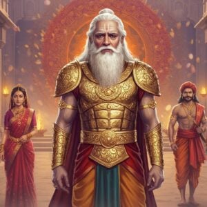 In a grand, ethereal setting resembling an ancient palace courtyard, depict Bhishma, an elder Indian warrior of majestic stature with long flowing white hair and a regal beard. He is clad in traditional royal armor adorned with intricate gold patterns and motifs. Surrounding him are key figures from the Mahabharata: his stepmother Satyavati, the Pandavas, and Kauravas, each in distinct traditional attire that reflects their royal status. Bhishma stands at the center, his expression a mix of wisdom and melancholy, illustrating his internal struggle and unwavering loyalty. The background features a large, glowing mandala with deep maroon and saffron hues, symbolizing his spiritual strength. Soft, pastel-colored lights illuminate the scene, lending it a surreal and spiritual aura. The overall composition balances traditional Indian aesthetics with a modern digital art style, emphasizing the complexity and depth of Bhishma's relationships.
