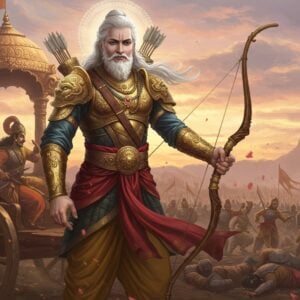 In the midst of the epic battlefield of Kurukshetra, Bhishma stands tall and resolute, his silver hair flowing in the wind. Clad in intricately detailed armor with golden embellishments, he holds a mighty bow in one hand, while his other hand gently rests on a chariot adorned with traditional motifs. His eyes reflect wisdom and internal conflict as he surveys the scene before him. The background is a tapestry of chaos, with warriors in traditional attire locked in combat, horses rearing, and dust swirling around. Above him, the sky is painted in hues of dawn, symbolizing both hope and tragedy. The art style seamlessly blends traditional Indian art forms with a digital, ethereal touch—glowing soft pastel skies, a subtle halo of light around Bhishma, and elements of lotus flowers intertwined within the chaos, conveying the spiritual gravity of his role. The image captures Bhishma's legendary presence and the moral weight of his decisions in this historic war.