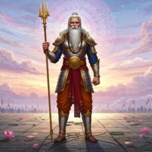An imposing figure of Bhishma, depicted as an elderly, wise Indian warrior with flowing white hair and beard, clad in traditional armor with intricate patterns inspired by Madhubani and Phad art. He stands resolutely on a modern digital battlefield, his posture exuding strength and wisdom. In his right hand, he holds a golden spear, with the backdrop of a surreal, ethereal landscape featuring soft pastel-colored clouds and a glowing mandala in the sky. The ground beneath him is adorned with lotus flowers and subtle Hindu motifs. The lighting casts a serene glow, highlighting Bhishma's dignified presence. The scene combines traditional cultural elements with a modern aesthetic, capturing the timeless essence of his legacy in popular culture.