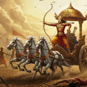 An intense and dynamic battle scene depicting Bhishma, the grand and venerable warrior of the Mahabharata, at the center of the battlefield. He stands majestically on a chariot, adorned in traditional armor with intricate gold and maroon detailing, wielding a long, ornate bow in one hand and a gleaming arrow in the other. His chariot, pulled by four white horses, charges forward against a backdrop of swirling clouds of dust and the distant silhouettes of rival warriors. The scene is alive with action: arrows whizzing through the air, warriors in traditional Indian armor clashing with swords, and elephants adorned with colorful patterns and ornaments in the fray. The art style merges traditional Indian art aesthetics with modern digital techniques, using rich colors like saffron, peacock blue, and deep gold to highlight the spiritual and epic nature of the battle. The lighting is dramatic, casting a warm glow over Bhishma, emphasizing his role as a legendary warrior.