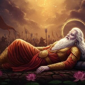 An ethereal scene depicting Bhishma, a revered Indian warrior, lying on a bed of arrows, with an aura of dignified serenity. His silver-white hair and beard flow gracefully, adorned in traditional golden armor with intricate patterns. His face reflects wisdom and calmness amidst the battlefield backdrop. The scene is illuminated by a warm, celestial glow, highlighting his divine boon of "Iccha Mrityu" (the power to choose his moment of death). A golden halo encircles his head, and lotus flowers subtly embellish the foreground, adding a touch of spirituality. The digital art style combines deep maroon and peacock blue tones, merging the traditional with modern aesthetics, emphasizing tranquility and timeless wisdom.