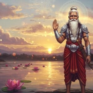 An imposing figure of Bhishma, an elder with a serene yet determined expression, stands on the banks of the sacred river Ganga. He is depicted in traditional ancient Indian warrior attire, with silver armor and a long, flowing white beard. His right hand is raised in a vow, showcasing his unwavering dedication to duty and sacrifice. In the background, an ethereal scene unfolds, with soft, glowing lights casting a warm golden hue over the landscape. The sky is adorned with pastel-colored clouds and a subtle mandala pattern, symbolizing dharma. Large lotus flowers float peacefully on the calm river surface, adding an element of spirituality and tranquility. The art style blends traditional Indian motifs with modern digital aesthetics, featuring intricate patterns and deep colors like maroon and peacock blue, capturing the essence of Bhishma's epic vow.