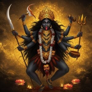 In a mystical and ethereal setting, depict the fierce and powerful goddess Kali, an Indian woman with long flowing black hair, her skin the color of midnight. She has four arms, each holding a significant item: a sword in one hand, a trident in another, a severed head in the third, and a bowl catching the blood in the fourth. Her eyes are intense and vibrant, reflecting wisdom and strength. Surrounding her are glowing mandalas and lotus flowers, their colors a mix of deep maroon and gold. The backdrop is a surreal mix of swirling dark clouds and soft, warm golden light that highlights her divine aura. The art style should merge traditional Indian art forms with a modern digital aesthetic, capturing the intricate patterns and cultural motifs. The image should evoke a sense of awe and reverence, drawing the viewer into the profound symbolism of Kali's darkness.