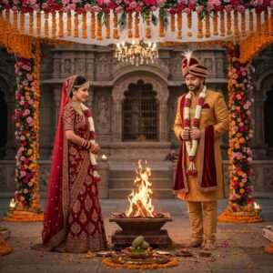 A stunning Indian couple in traditional wedding attire, the bride adorned in a rich maroon and gold saree with intricate embroidery, and the groom in a regal sherwani of deep saffron and gold. They are standing under a beautifully decorated mandap, surrounded by vibrant marigold and rose garlands. A sacred fire burns at the center, casting a warm, ethereal glow. The scene captures key moments of the ceremony, such as the exchange of garlands and the sacred vows around the fire. The background features an ornate temple with detailed carvings and motifs of lotus flowers and peacocks. The art style merges traditional Indian artistry with modern digital techniques, using a palette of deep reds, golds, and peacock blues, creating a harmonious blend of heritage and contemporary aesthetics. The atmosphere is serene, spiritual, and celebratory, inviting viewers to delve into the rich cultural significance of Hindu weddings.