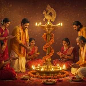 A vibrant scene of an Indian community gathered in celebration, with men and women dressed in traditional attire (sarees, dhotis) in rich colors like maroon, saffron, and peacock blue. They are engaged in a joyful ritual around a large, ornate brass oil lamp surrounded by marigold garlands. In the background, intricate patterns of Madhubani and Phad art style blend seamlessly with modern digital aesthetics. The air is filled with the glow of golden lights and the subtle presence of lotus motifs and mandalas. The scene exudes a sense of togetherness and cultural richness, capturing the essence of a festive Indian gathering with warmth and spirituality.