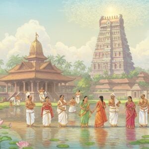 A serene and ethereal depiction of Chengannur, featuring a vibrant and intricately detailed Indian temple set against a lush, verdant landscape. The temple is adorned with traditional Kerala architectural elements, like sloping roofs and intricate carvings, surrounded by tranquil water bodies reflecting soft golden hues. In the foreground, a group of Indian women and men dressed in traditional attire, such as white mundu and colorful sarees, engage in a harmonious cultural dance under a glowing mandala in the sky. The scene is bathed in warm, inviting light with pastel colors like soft blue and pale pink, evoking a sense of peace and spirituality. Large lotus flowers and coconut trees add cultural motifs, enhancing the cultural richness. The art style merges traditional Indian art forms with modern digital aesthetics, capturing the essence of Chengannur as a spiritual and cultural hub.