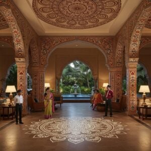 An enchanting scene of a serene, modern Indian hotel lobby in Chengannur, elegantly blending traditional and contemporary elements. The lobby features grand arches and pillars adorned with intricate patterns inspired by Madhubani and Pattachitra art, with deep saffron and maroon hues. A large, luminous mandala design is subtly integrated into the floor tiles. Soft, ambient lighting highlights peacock blue accents in the decor, creating a tranquil atmosphere. Traditional lotus motifs are incorporated into the furnishings. Indian guests in stylish, modern attire interact with staff dressed in elegant uniforms, showcasing warm hospitality. Large windows offer a view of lush greenery and a peaceful water feature outside, reflecting serenity and comfort.