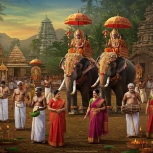A vibrant and lively depiction of the Chengannur festivals in 2025, showcasing a bustling scene filled with joyous Indian men and women dressed in traditional Kerala attire, with men in white mundus and women in colorful kasavu sarees. They are participating in a grand procession with beautifully adorned elephants carrying deity idols, amidst a backdrop of lush green landscapes and ancient temple architecture. Intricate patterns and motifs of lotus flowers and mandalas decorate the scene, with soft glowing lights adding a surreal touch. The atmosphere is festive, with traditional musicians playing chenda drums and people dancing in celebration. Rich colors like gold, maroon, and peacock blue dominate the palette, giving the image a modern digital aesthetic while maintaining cultural authenticity.