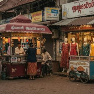 A bustling street scene in Chengannur, showcasing a vibrant tapestry of local businesses. The image captures a harmonious blend of traditional and contemporary elements, with colorful shopfronts adorned with intricate Indian patterns and motifs. In the foreground, a traditional tea stall is surrounded by locals engaged in lively conversation, while a modern boutique with stylish mannequins stands nearby. A food vendor sells traditional Kerala snacks, adding an authentic touch. The street is alive with people, some in traditional attire and others in modern clothing, reflecting a fusion of past and present. The atmosphere is warm and inviting, with soft golden lighting that enhances the rich colors of maroon, peacock blue, and saffron throughout the scene. The overall feel is one of community, culture, and commerce, enticing readers to explore the hidden gems of Chengannur.