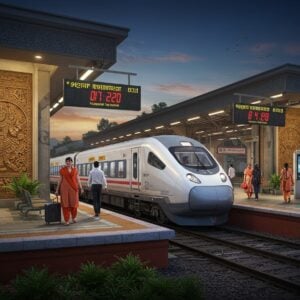 A vibrant and bustling scene of Chengannur Railway Station in 2025, showcasing a sleek and modern design with a blend of traditional Indian architectural elements. The station is alive with energy, featuring a contemporary glass facade and ornate carvings inspired by Pattachitra art. Passengers in modern Indian attire are seen boarding a high-speed train with streamlined, futuristic coaches. Digital signboards display train timings in bright LED lights. The platform is equipped with state-of-the-art amenities like digital kiosks, smart benches, and lush greenery for a refreshing ambiance. The atmosphere is dynamic and inviting, with a vivid color palette that includes deep blues and warm golds, capturing the essence of travel and progress.
