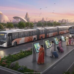 A futuristic scene of Chengannur's transportation hub in 2025, bustling with vibrant activity. Show sleek, modern buses and trains with elegant, aerodynamic designs, adorned with elements of traditional Indian motifs in a subtle, stylish manner. The background features a harmonious blend of modern architecture and lush greenery, symbolizing progress and nature coexisting. The sky is a beautiful gradient of pastel colors, with soft glowing lights illuminating the area, creating an ethereal ambiance. Include diverse Indian characters—families, commuters, and tourists—engaging with digital information kiosks and boarding transportation, reflecting the efficiency and connectivity of the network. The overall tone is dynamic yet serene, capturing the essence of seamless travel in Chengannur.