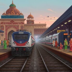 A scenic and vibrant digital illustration of a modern Indian railway station, bustling with travelers. The station is adorned with elements of traditional Indian art, featuring intricate patterns and mandalas subtly incorporated into the architecture. In the foreground, a sleek, modern train is arriving at the platform, its exterior reflecting the deep maroon and peacock blue hues. Travelers, depicted as diverse Indian characters in both traditional and contemporary attire, are engaging in various activities - some are checking their tickets, while others are enjoying the scenery. The background showcases a serene morning sky in pastel colors, with hints of soft glowing lights. The art style blends the traditional with the digital modern, creating an inviting and dynamic atmosphere that highlights the excitement and cultural richness of train travel in India.
