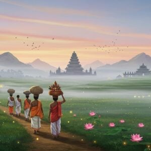 A serene and ethereal digital illustration depicting the journey from Chengannur to Sabarimala. The foreground shows a group of Indian pilgrims dressed in traditional attire, carrying irumudi kettu (a sacred bundle) on their heads, walking through a lush, green landscape. The path is adorned with soft, glowing lotus flowers and warm golden lights that lead towards the distant, mist-covered Sabarimala temple nestled among rolling hills. The background features pastel-colored skies with a subtle sunrise, casting a tranquil glow over the scene. The atmosphere is one of spirituality and mindfulness, capturing the essence of the pilgrimage with a modern digital art aesthetic that blends traditional motifs with contemporary design elements.