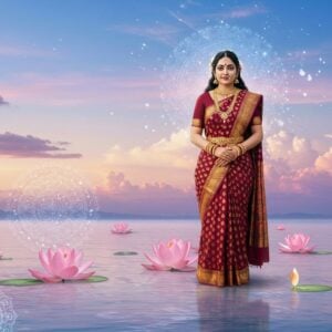 A serene, ethereal depiction of Chottanikkara Amma, the revered goddess, standing majestically amidst a vibrant landscape that merges tradition with modern digital aesthetics. She is adorned in a richly detailed traditional saree in maroon and gold, with intricate patterns reflecting Madhubani and Pattachitra art styles. Her expression is compassionate and serene, exuding divine grace. Surrounding her are soft, glowing mandalas and large lotus flowers floating on a calm water surface, symbolizing purity and enlightenment. The background features a harmonious blend of deep peacock blue sky and pastel-hued clouds, with subtle rays of light illuminating the scene. The overall composition conveys a sense of spirituality and divine miracles, inviting viewers to explore her legend further.