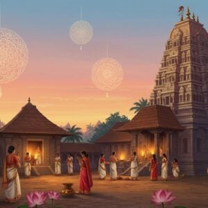 A serene and spiritual scene depicting the Chottanikkara Temple during the Makam festival, with intricate details inspired by traditional Indian art styles like Madhubani and Pattachitra. The temple is bathed in a warm, ethereal glow under a twilight sky, with soft pastel hues of pink, blue, and gold. Devotees in traditional Kerala attire, with elegant sarees and dhotis, are engaged in prayer and offering rituals. Large, glowing mandalas float gently above, casting a tranquil light over the scene. Lotus flowers and coconut trees are scattered throughout the landscape, adding cultural motifs. The atmosphere is peaceful and inviting, capturing the essence of spirituality and devotion.