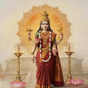 A serene and majestic depiction of the Chottanikkara Temple's central deity, Goddess Rajarajeswari, portrayed with four arms. She is elegantly dressed in a traditional saree adorned with gold and maroon hues, with intricate jewelry and a serene expression. Her four arms are gracefully positioned: one hand holds a lotus flower, another a bell, the third is in Abhaya Mudra (gesture of protection), and the fourth in Varada Mudra (gesture of granting boons). Behind her is a large glowing mandala in rich saffron and gold colors, symbolizing divine energy. The scene includes soft, ethereal lighting with pastel colors such as pale pink and warm gold. Surrounding her are stylized lotus flowers and subtle patterns of traditional Indian art forms. The background features an abstract, dreamlike representation of the temple's architecture, harmonizing traditional elements with modern digital aesthetics. The overall tone is tranquil and spiritual, inviting the viewer into a world of divine beauty and significance.