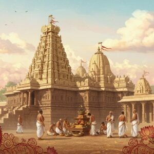 A serene and ethereal depiction of the Chottanikkara Temple during a vibrant festival, with the temple's iconic structure bathed in a soft, golden glow. The foreground features intricately patterned traditional Indian motifs, such as lotus flowers and swirling mandalas, in rich hues of maroon, saffron, and peacock blue. Indian devotees in traditional attire are seen engaging in rituals with reverence, their expressions serene and mindful. The scene is framed by gentle pastel colors in the sky, with glowing lights and soft clouds, creating a tranquil and spiritual atmosphere. The art style is a harmonious blend of traditional and modern digital aesthetics, emphasizing the cultural significance and divine aura of the temple.