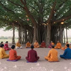 A serene, spiritual gathering of diverse Indian individuals seated in a harmonious circle under an ancient, sprawling banyan tree. They are engaged in satsang, sharing warmth and wisdom. The participants, dressed in modern yet traditionally inspired Indian attire in hues of saffron, maroon, and peacock blue, exude tranquility and unity. Soft pastel lights illuminate the scene, casting a gentle glow over the gathering. Intricate patterns of mandalas and lotus flowers subtly blend into the background, enhancing the ethereal atmosphere. The scene captures a sense of community and connection, inviting viewers into a world of shared spirituality and support.